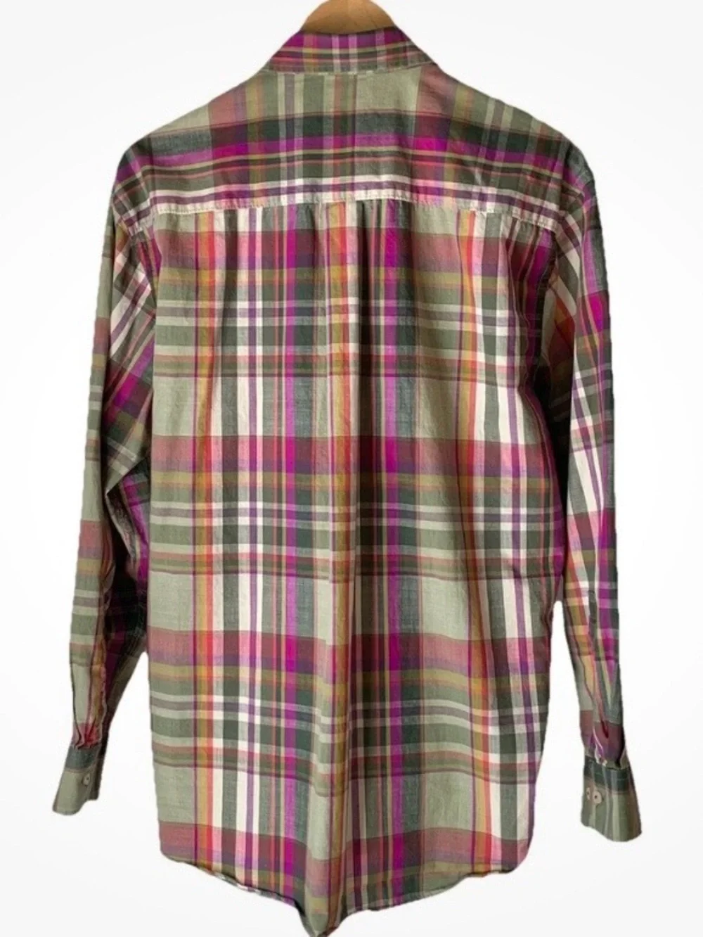 Alan Flusser Mens Long Sleeve Plaid Shirt Size L Green Button Up Turn Cuff